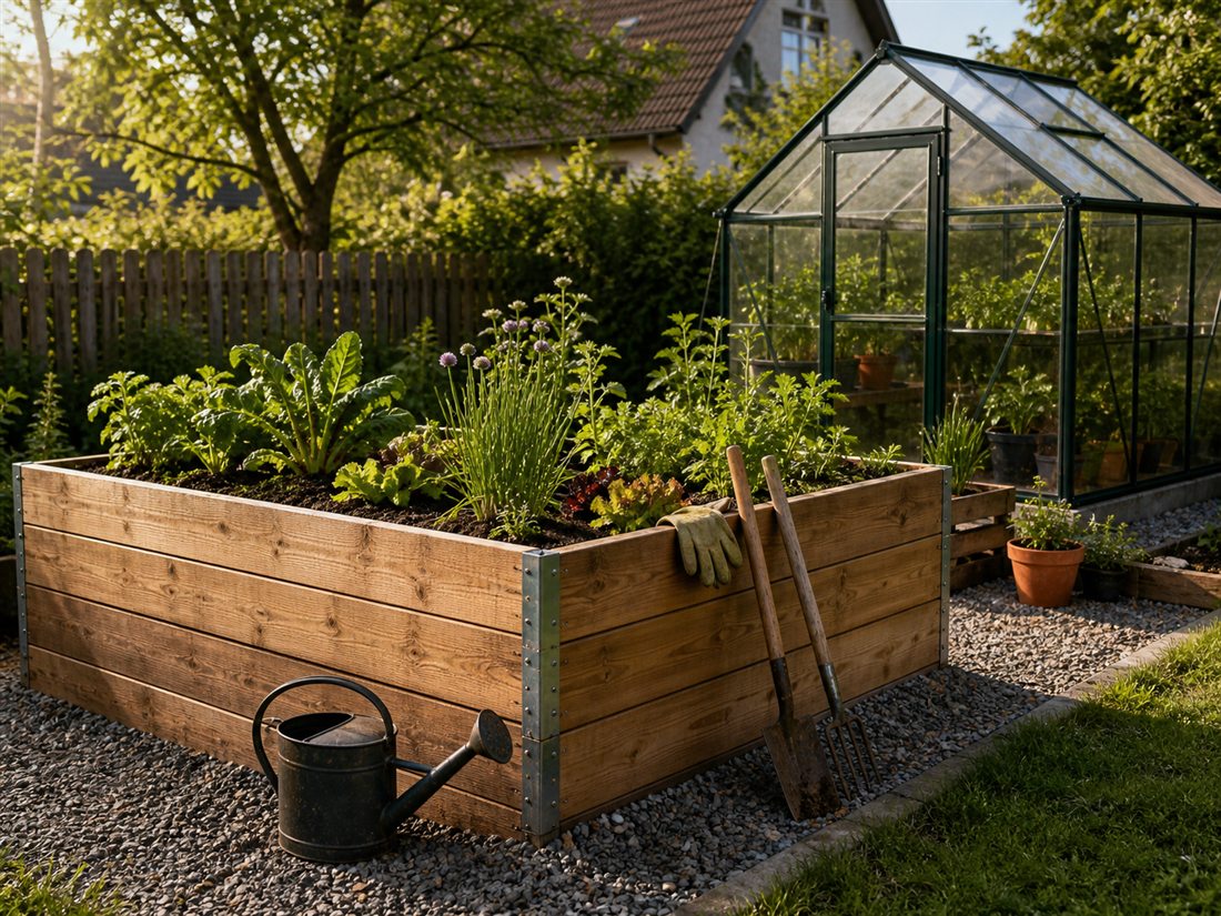 Kleines Gewächshaus und Hochbeet im Garten