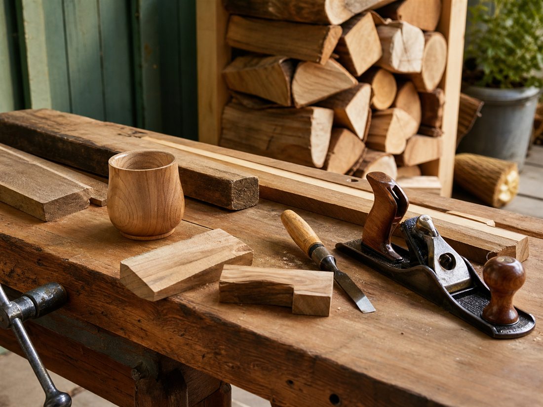 Gedrechseltes Holzstück auf Werkbank