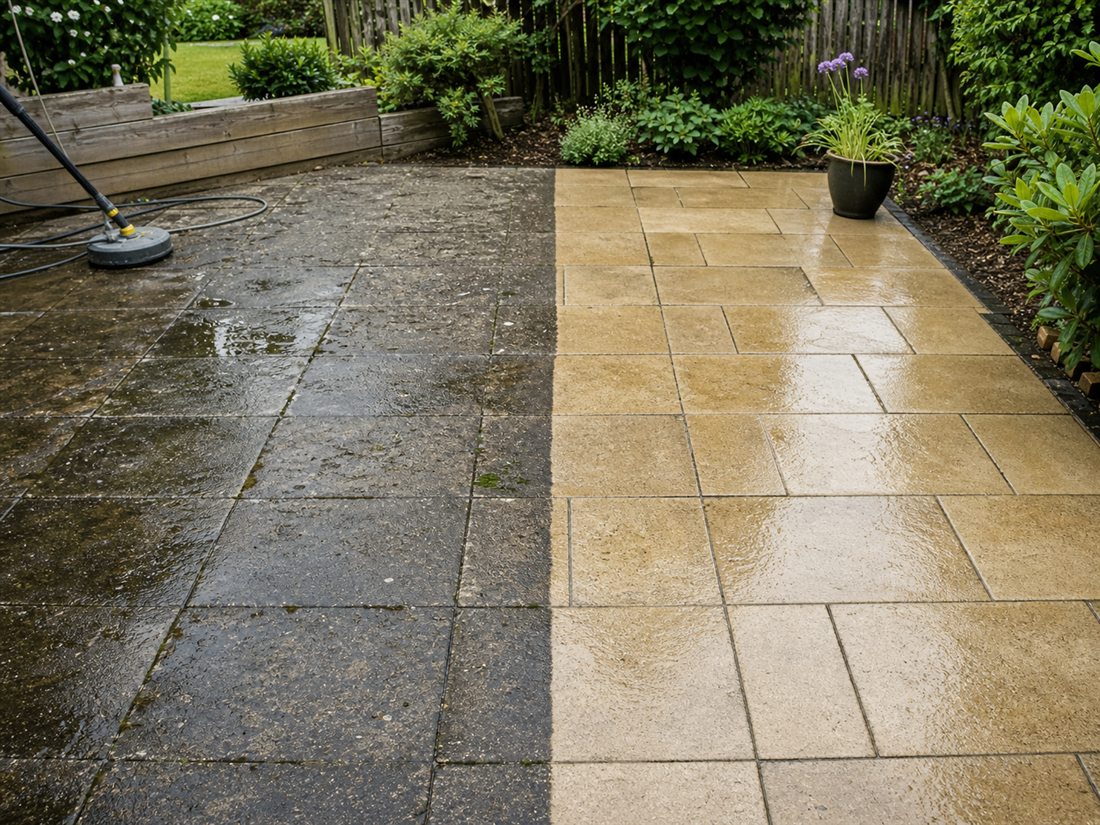 Terrassenreinigung mit sichtbarem Vorher-Nachher-Ergebnis